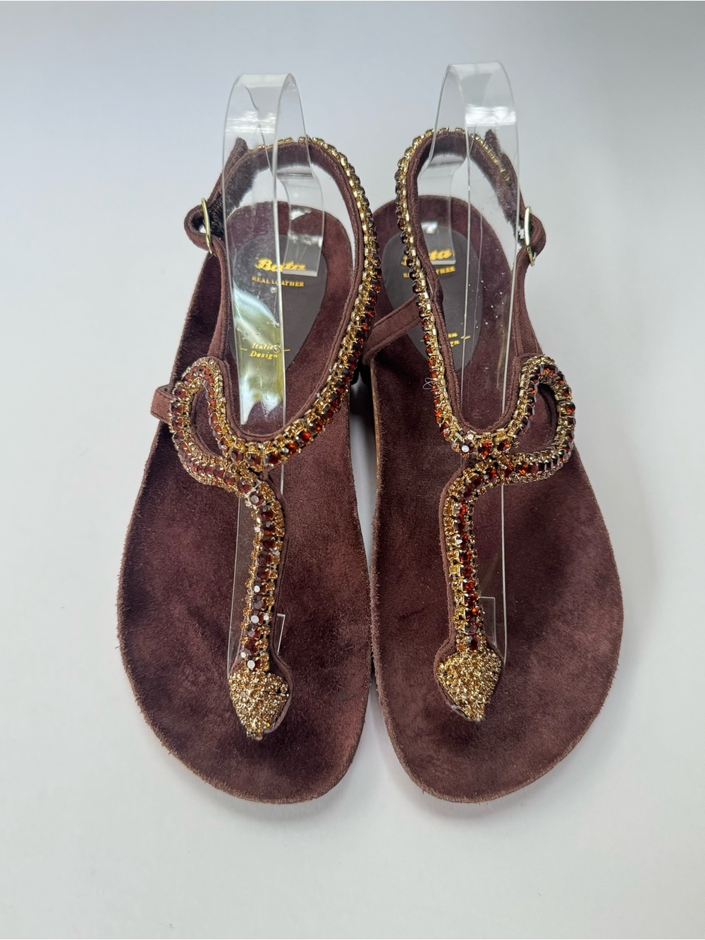 Bata Brown Suede Rhinestone Snake Sandals Leather EU 38 US 7.5